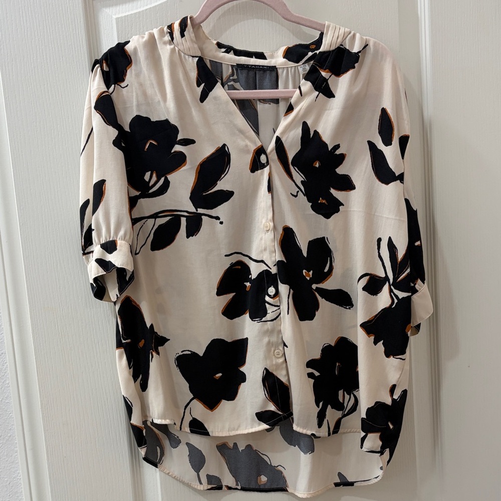 Tahari Black Floral Blouse on Cream